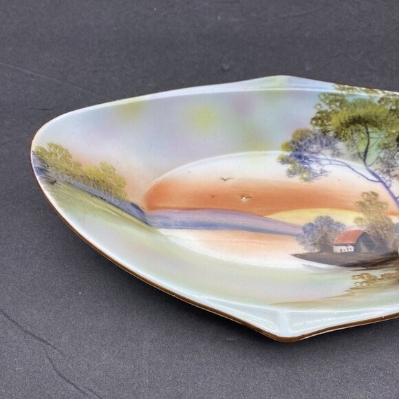 Vintage Noritake Celery Dish Hand Painted House Lake Japan Oblong Decorative - Picture 5 of 13